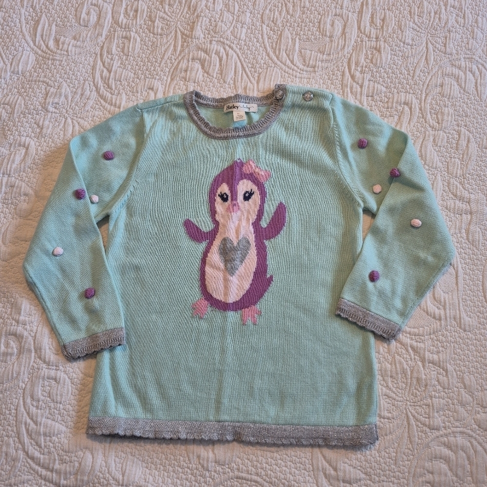 Hatley girls size 4T light blue with penguin sweater, pom pom accents VGUC
